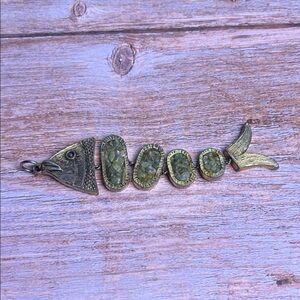 1950s crushed Jade Gold tone articulated Fish pendant